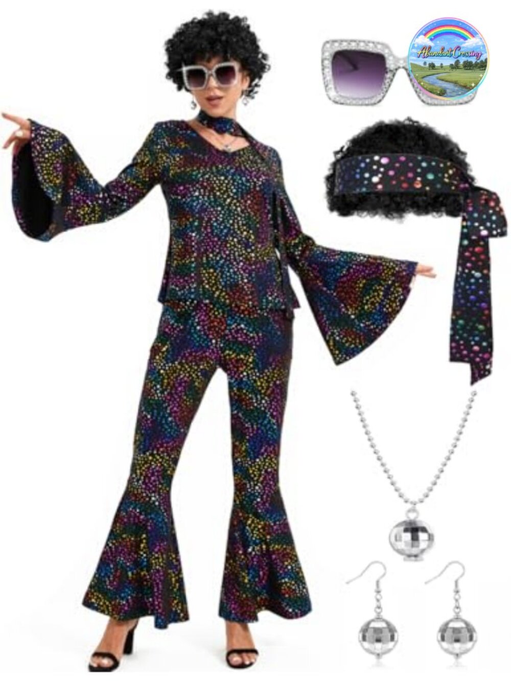 70s Disco Costume Set with Hood Top Flared Pants Wig & Accessories